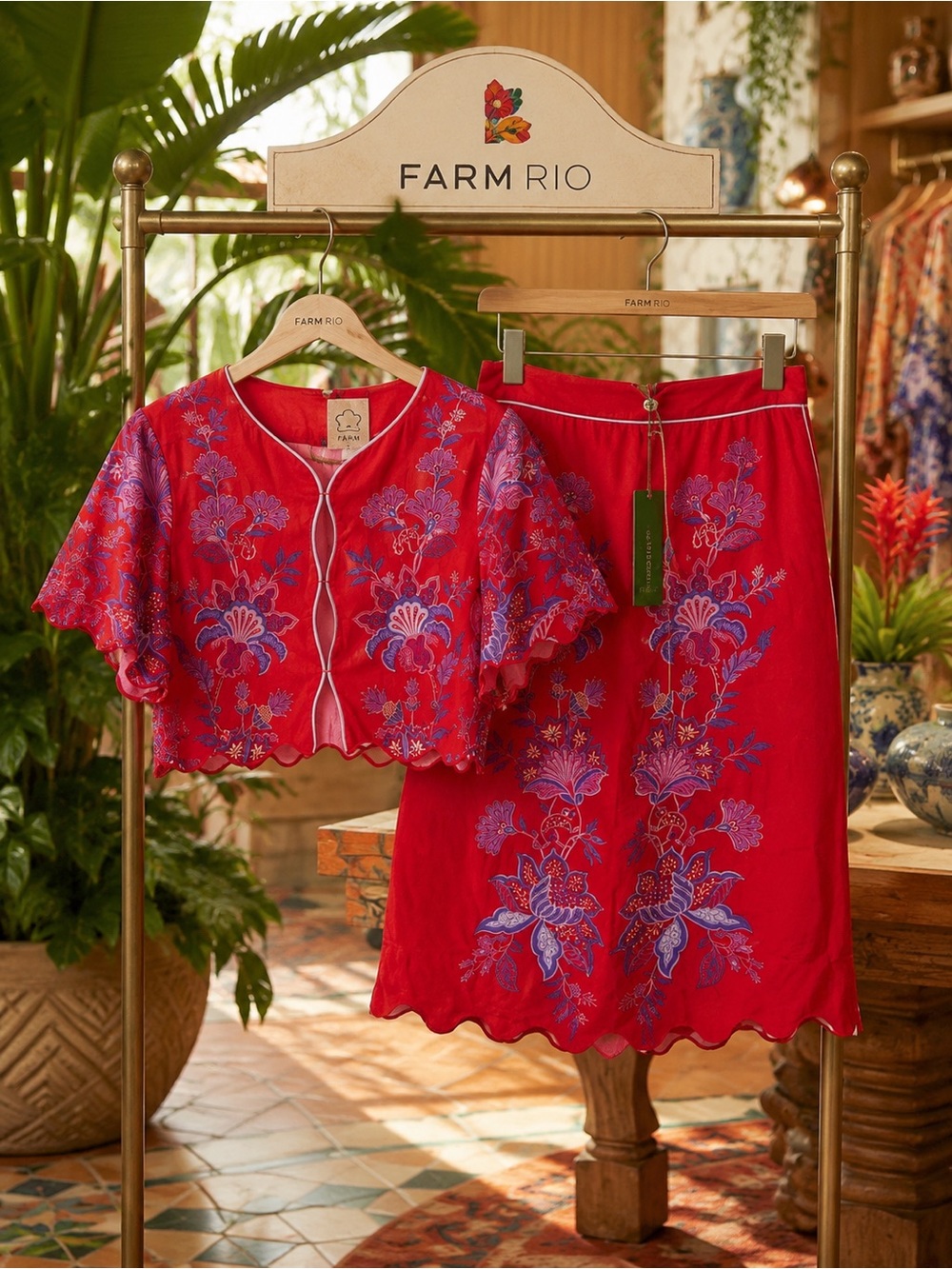 FARM Rio Red Midi Skirt and Cropped Jacket Set with Purple Floral Embroidery
